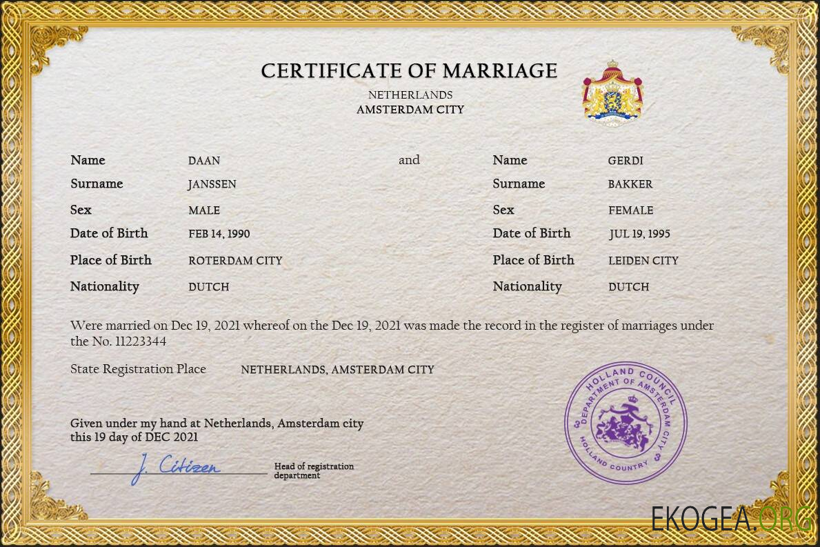 Modèle PSD de certificat de mariage des Pays Bas